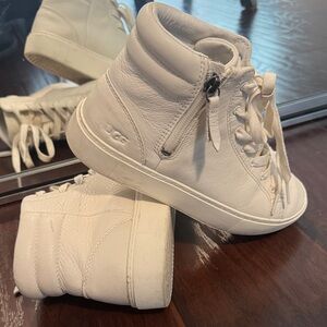 UGG Cream Leather High-Top Sneakers with Side Zip